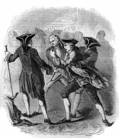 En konfrontation mellem "" Gluckistes"" og "" Piccinistes""", der illustrerer rivaliseringen mellem komponisterne Christoph Willibald Gluck og Niccolo Vito Piccinni. Stik fra 1856. af French School