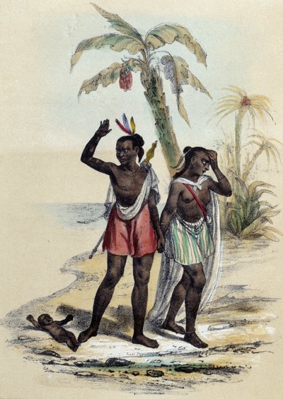 Et par og en baby på en strand; illustration til markiserne, -i "Les twelve Nations"" af M.E. Fouinet af French School