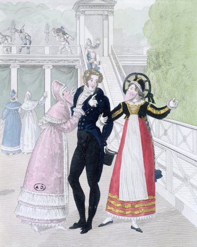 En dandy, der bliver bejlet til af to maskerede kvinder, fra serien Le Bon Genre (håndfarvet gravering) af French School