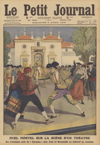 En dødbringende duel på scenen i et teater i Spanien (farve litho) af French School