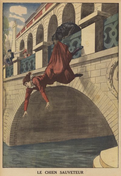 En hund redder en kvinde fra at falde fra en bro (farve litho) af French School