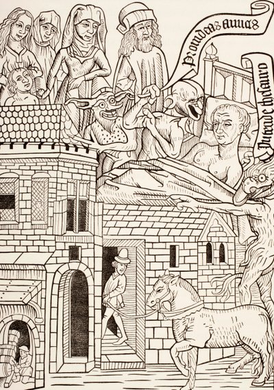 En døende synder omgivet af sin familie og to djævle hvisker ham i øret, side fra 1400-tallets tekst Ars Moriendi eller The Art of Dying, fra Les Artes au Moyen Age, udgivet 1873 af French School