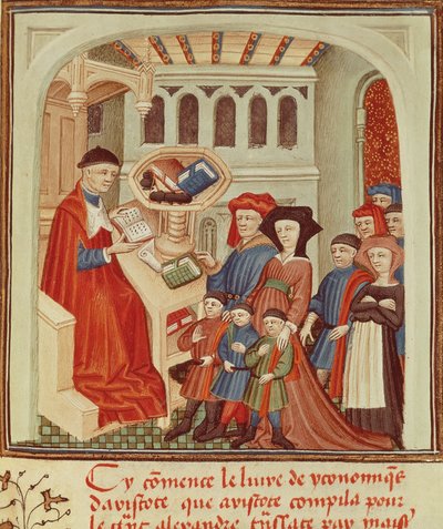 En familie foran en finansmand, miniature fra Ethics, Politics, the Economy af Aristoteles, Frankrig af French School