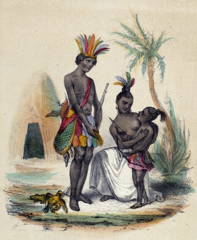 En familie af canadiske indianere foran deres tipier; illustration for Canada, -i "De tolv nationer" af M.E. Fouinet af French School