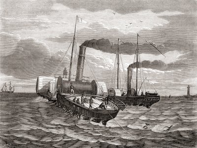 Et første forsøg i 1850 af John Watkins Bretts Anglo-French Telegraph Company på at lægge den første linje under Den Engelske Kanal, fra Dover til Calais, ved hjælp af de ombyggede slæbebåde Goliath og Widgeon, fra Les Merveilles de la Science, udgivet ca. af French School