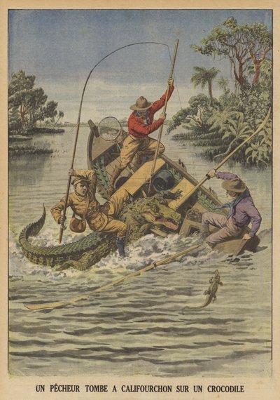 En fisker falder over en krokodille, efter at den kæntrede hans båd (farve litho) af French School