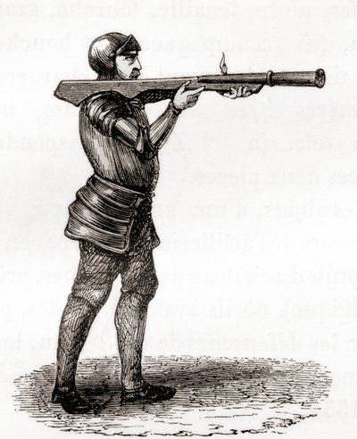 En fodsoldat ved hjælp af et håndholdt bombardement, slutningen af det 14. og 15. århundrede, efter en tegning fra det 19. århundrede, fra Les Merveilles de la Science, udgivet ca. 1870 (gravering) af French School