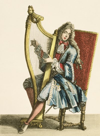 En herre spiller på harpe af French School