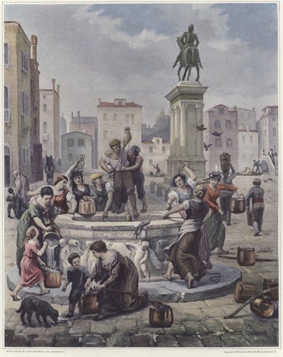 En gruppe kvinder samler vand fra en brønd i Venedig af French School