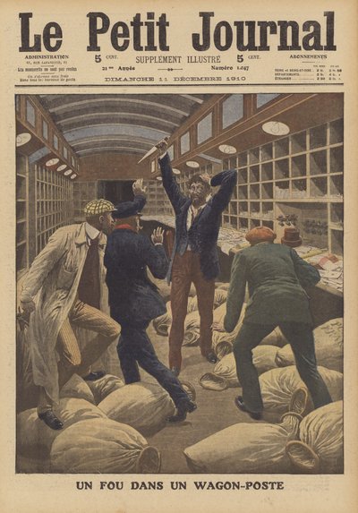 En gal mand i en postvogn på et tog, der ankommer til Paris (farve litho) af French School