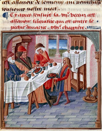 En mand deler sit bord med en nødlidende Miniature taget fra "Le livre de bonnes moreurs de Jacques Legrand" 1490 Chantilly, Musee Conde af French School