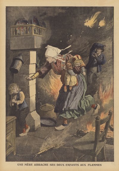 En mor redder sine børn fra en brand (farve litho) af French School