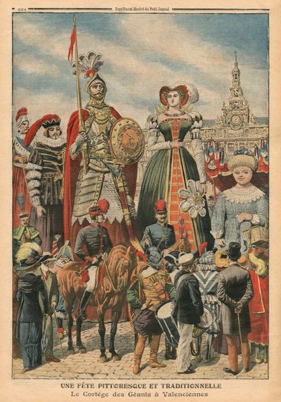 En malerisk og traditionel fest, giganternes procession i Valenciennes, illustration fra 