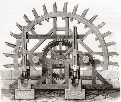 En pulvermølle og dens vandhjul, efter en tegning fra det 19. århundrede, fra Les Merveilles de la Science, udgivet ca. 1870 (gravering) af French School