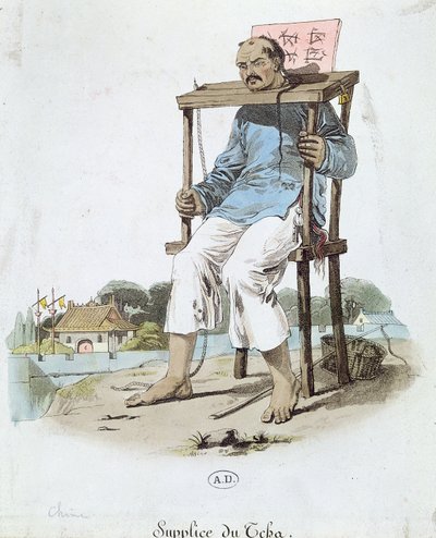 En fange i Cangue i Kina, ca. 1800 (farvegravering) af French School