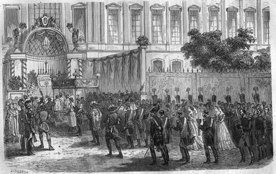 En procession ledet og ledet af jesuiterne i det 19. århundrede. Indgravering i "Histoire des Papes-Rois-Queen and Empereurs a travers les centuries"" af Maurice Lachatre af French School