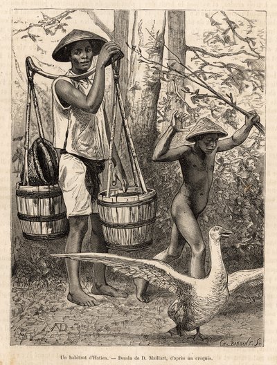 En beboer i Hatien (Vietnam), der bærer spande og kurv og et barn, der jager en gås med en pind, graverer efter en tegning af Robin, der illustrerer rejsen til Cochinchine, af doktor Morice, i 1872, udgivet i "" Le tour du monde"" ” 1875, redigeret af E af French School
