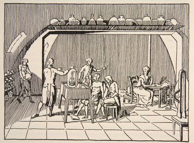 Et respirationseksperiment i Lavoisiers laboratorium, kopi af Boris Mestchersky (d.1957) illustration fra Histoire de la Nation Francaise, Sciences, bind I & II, af Gabriel Hanotaux (1853-1944) af French School
