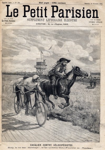 En rytter kørte mod velocipisterne: William Frederic Cody (1846-1917), kendt som Buffalo Bill, kendt som King of the Cowboys og cykelrytterne Gaby og Fournier i Tandem. En af avisen "Le petit Parisien"" den 26.11.1893 (gravering) af French School