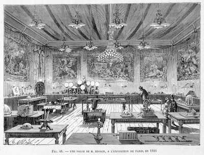 Et værelse af Mr. Edison på Paris-udstillingen i 1881 - i "The new conquests of science" af Louis Figuier af French School
