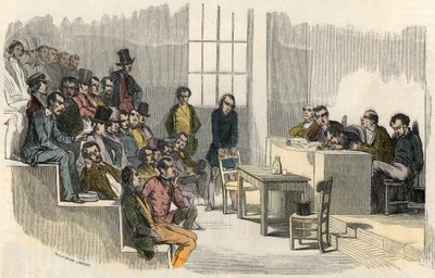 En seance af aggregationskonkurrencen på Sorbonne i Paris i det 19. århundrede - Indgravering i "" Tableau-de-Paris"" af Edmond Texier 1852 af French School