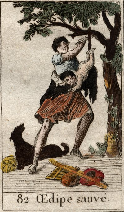 En hyrde redder Ødipus som barn, forladt af sine forældre på grund af presset fra Pythias orakel (Ødipus forladt af sine forældre på grund af Pythias orakel bliver reddet af en hyrde). Fra "Mythology of Youth" af Pierre Blanchard 1 af French School