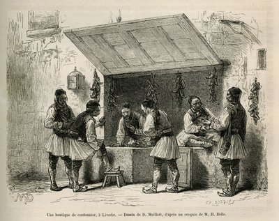 En skomagerbutik og hans kundekreds i Livadie, tegning af D. Maillard, for at illustrere historien om Henri Belle: Voyage en Greece af French School