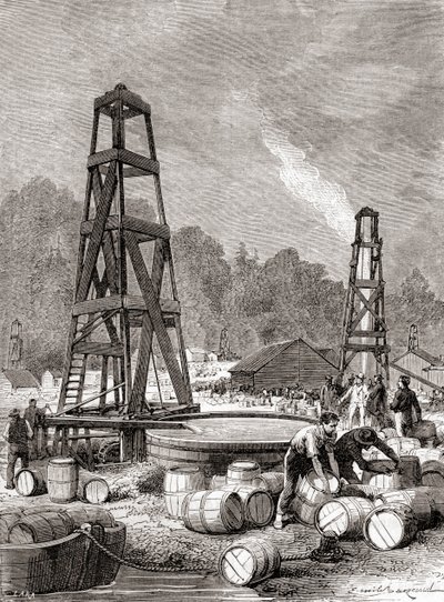 En oliekilde ved Oil Creek ved Allegheny River, Pennsylvania, U.S.A. i 1858, opdaget af Edwin Laurentine Drake, alias oberst Drake, fra 