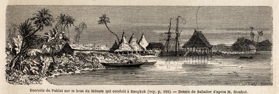 En sukkerfabrik i Paklat, på armen af Menam, Thailands hovedflod, tegnet af Sabatier, for at illustrere Henri Mouhots rejse til kongerigerne Siam, Cambodja og Laos fra 1858 til 1861. Indgravering i "" Le tour du monde" ”, redigeret af Edouard Charto af French School