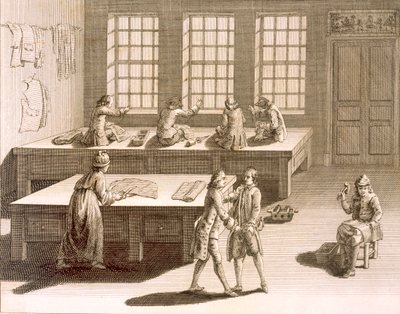 Et skrædderværksted fra Encyclopedie des Sciences et Metiers af Denis Diderot (1713-84) udgivet ca. 1770 af French School