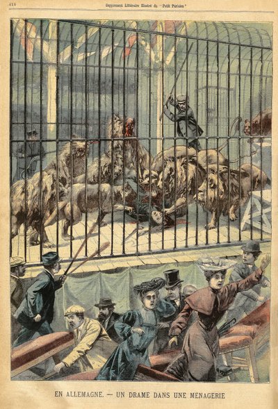 En tæmmer bliver fortæret af sine løver i et menageri i Dessau, Tyskland. Indgravering i "" Le Petite Parisien"", den 27/12/1903. af French School