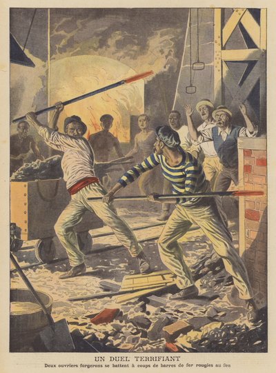 En skræmmende duel (farvelitografi) af French School