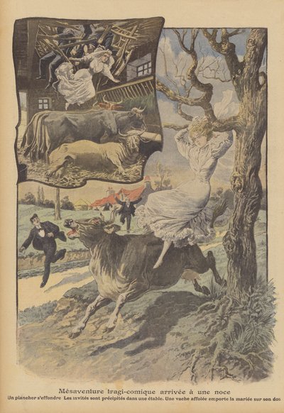 Et tragikomisk bryllupsulykke (farve litho) af French School
