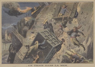 Et tog falder i havet (farve litho) af French School