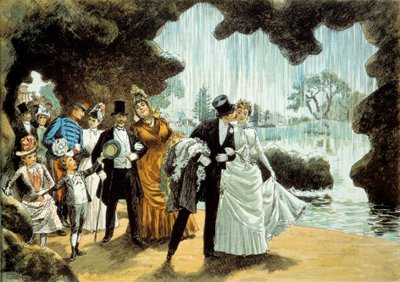 Et bryllup har et vandfald. Ægtepar ved Parc des Buttes Chaumont (). Tryk fra slutningen af det 19. århundrede Privatsamling af French School