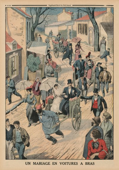 Et bryllup på håndkærrer, bagsideillustration fra Le Petit Journal, supplement illustre, 5. april 1914 af French School