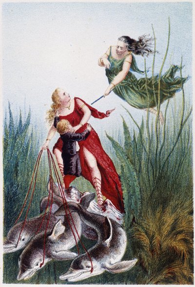 En kvinde angriber en anden kvinde, og en dreng føres af delfiner - i "Rejsen til havets bund" af H. de la Blanchère. Paris, red. Jouvet et Cie, sd. 1880. (dobbelt 02947) af French School