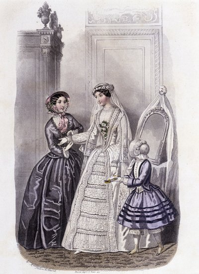 En kvinde i brudekjole omgivet af en pige og en dame - i "Journal des Demoiselles"" 1852. af French School