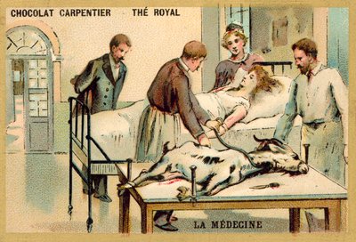En kvinde, der modtager en blodtransfusion fra en ged (chromolitho) af French School