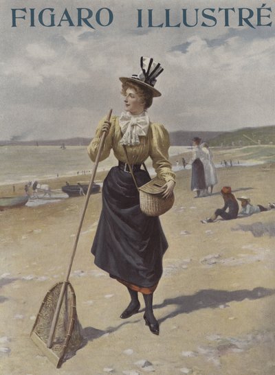 En kvinde, der går langs en strand med fiskeudstyr af French School