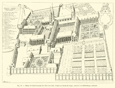 Klosteret Saint-Germain des Pres omkring 1630, efter en tegning fra tiden, opbevaret på Nationalbiblioteket af French School