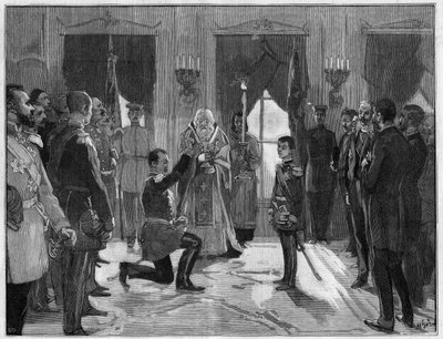 Abdikation af kong Milano 1. af Serbien (1854-1901), 7. marts 1889: den tidligere konge aflægger en ed om lydighed og troskab til sin søn, Alexander 1. af Serbien (1876-1903), som han netop har abdiceret for. Indgravering i "" Le Monde Illustré"" nr. 1666  af French School