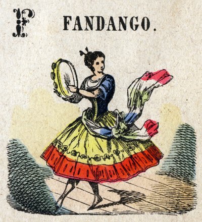 Abecedary. Bogstav F som Fandango. Lille encyklopædisk alfabet, populær serie. Epinal billeddannelse, slutningen af det 19. århundrede af French School