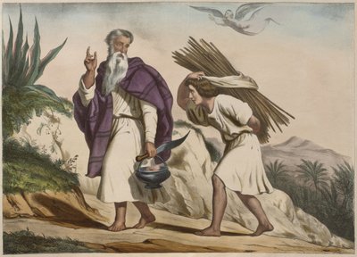 Abraham tog Isak til Moria-bjerget, illustration fra en katekismus LHistoire Sainte, udgivet af Charles Delagrave, Paris af French School