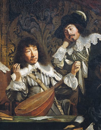 Musikakademiet eller amatørmødet, ca. 1640, af ukendt kunstner fra fransk skole, detalje ved stemning af lut, olie på lærred af French School