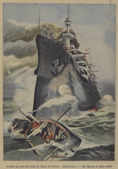 Utilsigtet sænkning af en fiskerbåd af den franske panserkrydser Admiral Aube under fartprøver (farve litho) af French School