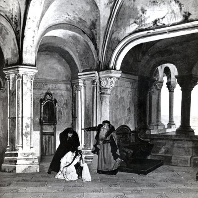 Akt IV, Scene 2 af Pelleas et Melisande af Debussy, fra et fotografi af den første produktion i april 1902 af operaen på Opera-Comique i Paris, illustration i Theatre magazine, juni 1902 (l af French School