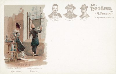 Første akt, La Boheme (farve litho) af French School