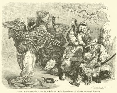 Skuespillere og dansere ved Mikado-retten (gravering) af French School