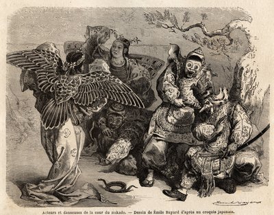 Skuespillere og dansere fra Mikado-hoffet i scenekostume. Stik til illustration af rejsen til Japan i 1863-1864 af Aime Humbert, minister i det schweiziske forbund, i "Le tour du monde, nouveau journal des voyages", udgivet under ledelse af Ed. af French School